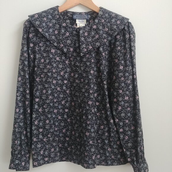 Indian Summer Tops - Vintage wool cotton blouse top made in Canada blue grey purple floral Sm…